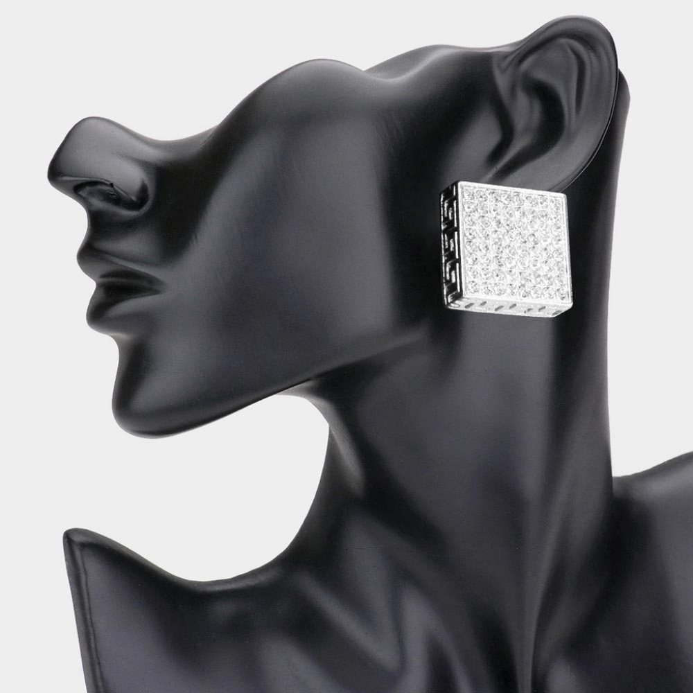Clear Rhodium Silver Greek Key Patterned Rhinestone Crystal Square Stud Earrings
